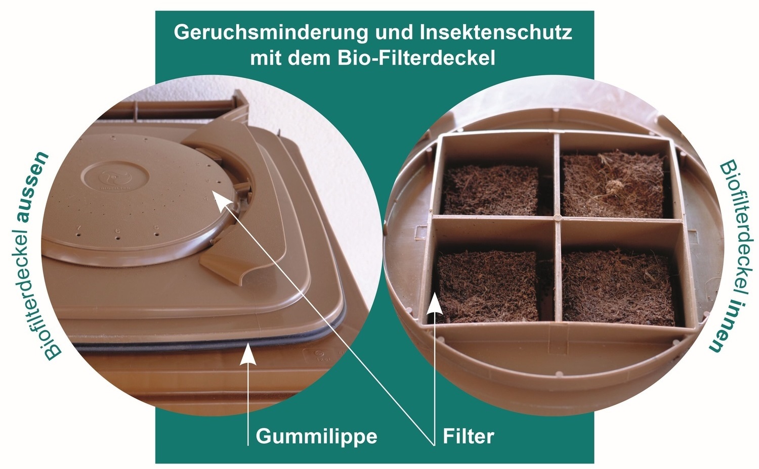 Organic wastebins with and without filter lid in comparison